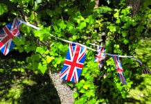 Union Jack bunting wrapped around an apple tree covered in ivy.