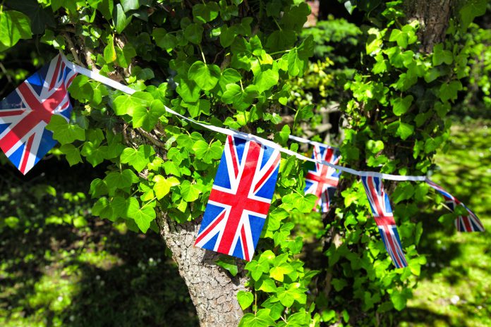 Union Jack bunting wrapped around an apple tree covered in ivy.