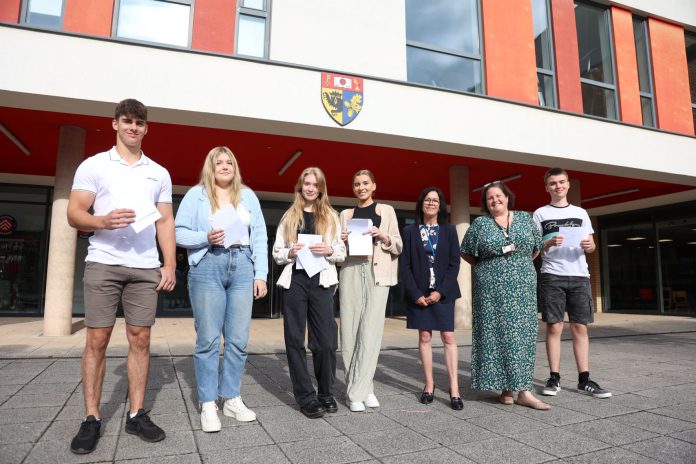 Councillor Erica Williams with students James, Abi, Lydia, Evie and Daniel, as well as Headteacher, Natalie Wilcox