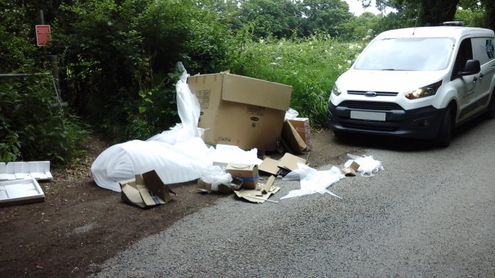 An image of cardboard boxes and packaging waste fly-tipped on the roadside