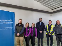 Councillor Sam Bromiley, cabinet member responsible for children and young people, Michelle George and Candice Littleton from Majestic Gymnastics, Leader of South Gloucestershire Council Councillor Toby Savage, and representatives of construction company K P Wilton & Son