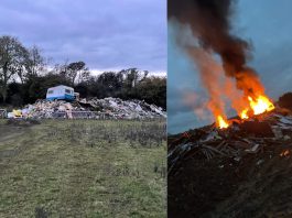 A photograph of the waste pile before and after it had been set alight