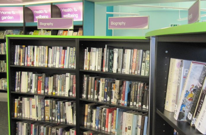 Bookshelves in a library