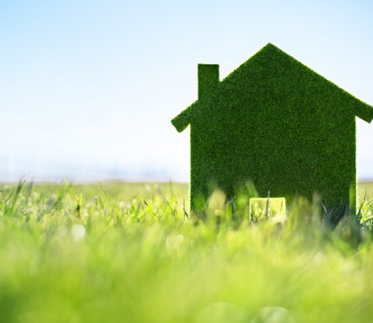 Green ecological house in empty field