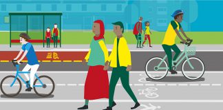An animated image of people walking and cycling with people at a bus stop in the background