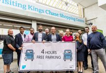 Representatives from the council and Kings Chase Shopping Centre celebrate the announcement of four hours free parking
