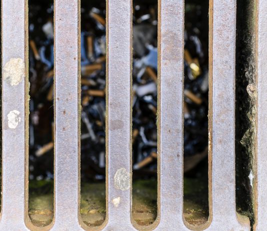 Cigarette butts visible though a drain grill