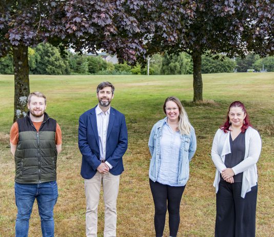 Councillor Sam Bromiley, cabinet member responsible for children and young people; Council Leader Councillor Toby Savage; Councillor Elizabeth Bromiley; and Councillor Rachael Hunt, cabinet member responsible for communities and local place, at the former Warmley Pitch and Putt site