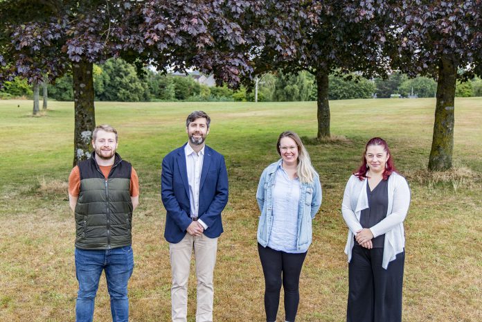 Councillor Sam Bromiley, cabinet member responsible for children and young people; Council Leader Councillor Toby Savage; Councillor Elizabeth Bromiley; and Councillor Rachael Hunt, cabinet member responsible for communities and local place, at the former Warmley Pitch and Putt site