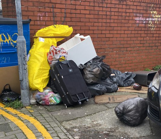 A photograph of fly-tipped waste near a lamp post