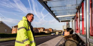 Cabinet Member, councillor Steve Reade talks to a bus passenger on Bradley Stoke Way about proposals to improve sustainable travel from Thornbury to Bradley Stoke