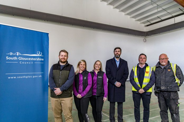 Councillor Sam Bromiley, cabinet member responsible for children and young people, Michelle George and Candice Littleton from Majestic Gymnastics, Leader of South Gloucestershire Council Councillor Toby Savage, and representatives of construction company K P Wilton & Son