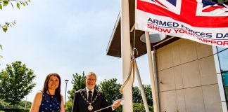 South Gloucestershire Council’s armed forces champion and cabinet member for cost of living, equalities and public health Councillor Alison Evans and Chair of South Gloucestershire Council Councillor Mike Drew at the council’s recent flag raising ceremony for Armed Forces Day