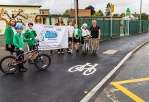 Councillor Louise Harris, Emily Harrison from the School Leadership Team, Active Travel Champion Beverley Furber and school children at The Ridge Juniors in Yate