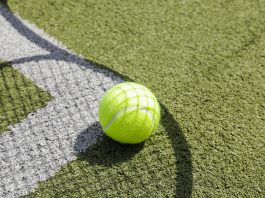 Shadow of a tennis racket on a grass tennis court with white lines and a tennis ball