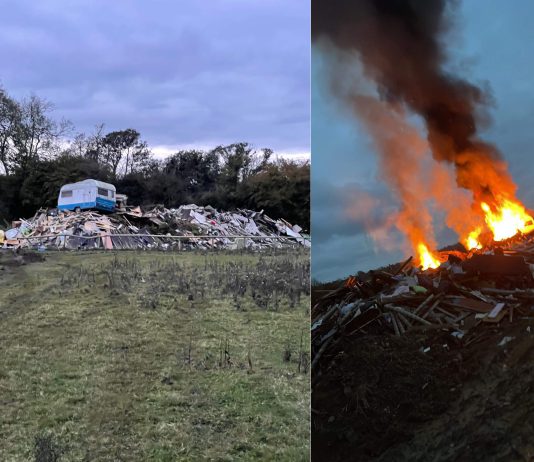 A photograph of the waste pile before and after it had been set alight