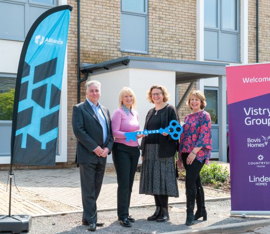 Left to right: Councillor Adam Monk, South Gloucestershire Council cabinet member for resources, Sally Higham (Chair Aequus), Sarah McQuatt (Head of Development, Alliance Homes) and Sue Scholfield (Managing Director, Vistry Bristol)