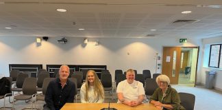 The image shows (left to right) Council Co-leader, Cllr Ian Boulton, EPIC members Corrine and Charlie, and Cabinet Member for Children & Young People, Cllr Maggie Tyrrell.