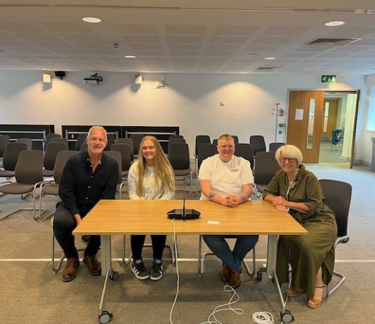 The image shows (left to right) Council Co-leader, Cllr Ian Boulton, EPIC members Corrine and Charlie, and Cabinet Member for Children & Young People, Cllr Maggie Tyrrell.