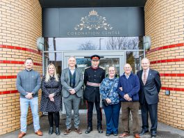 Trustees of Coronation Centre CIC Jason and Kim Ball, Cllr Sean Rhodes, Vice-Lord Lieutenant of Gloucestershire Roger Deeks DL, Trustees of Coronation Centre CIC Edna and Dennis Stinchcome MBE, and High Sheriff of Gloucestershire Mark Hurrell DL