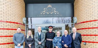 Trustees of Coronation Centre CIC Jason and Kim Ball, Cllr Sean Rhodes, Vice-Lord Lieutenant of Gloucestershire Roger Deeks DL, Trustees of Coronation Centre CIC Edna and Dennis Stinchcome MBE, and High Sheriff of Gloucestershire Mark Hurrell DL