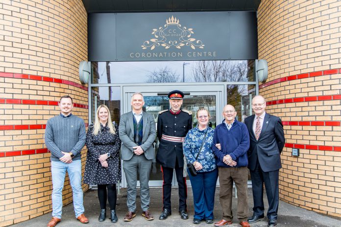 Trustees of Coronation Centre CIC Jason and Kim Ball, Cllr Sean Rhodes, Vice-Lord Lieutenant of Gloucestershire Roger Deeks DL, Trustees of Coronation Centre CIC Edna and Dennis Stinchcome MBE, and High Sheriff of Gloucestershire Mark Hurrell DL