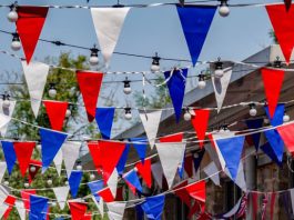 Red, white and blue bunting in the street