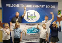 Children and staff from The Park Primary School in Kingswood celebrate their Modeshift STARS accreditation.