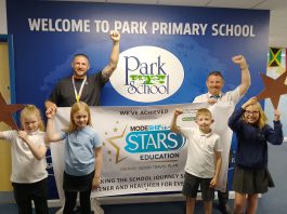 Children and staff from The Park Primary School in Kingswood celebrate their Modeshift STARS accreditation.
