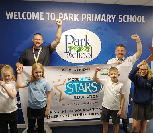 Children and staff from The Park Primary School in Kingswood celebrate their Modeshift STARS accreditation.
